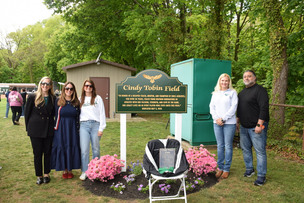 Locust Valley Central School District athletic director Danielle Turner Cosci, Board of Education vice president Holly Esteves, trustee Krystina Tomlinson, Superintendent of Schools Dr. Kristen Turnow and president George Vasiliou celebrated the field dedication.