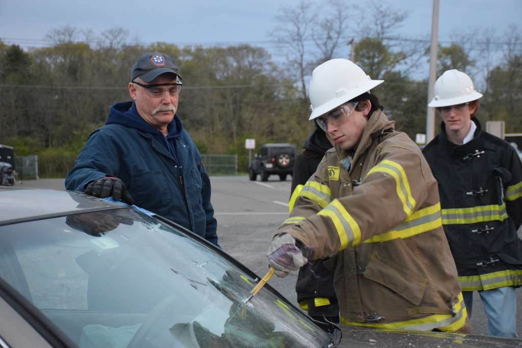 Locust Valley High School student Nick Vebeliunas cut into the windshield to help free the fake passengers.