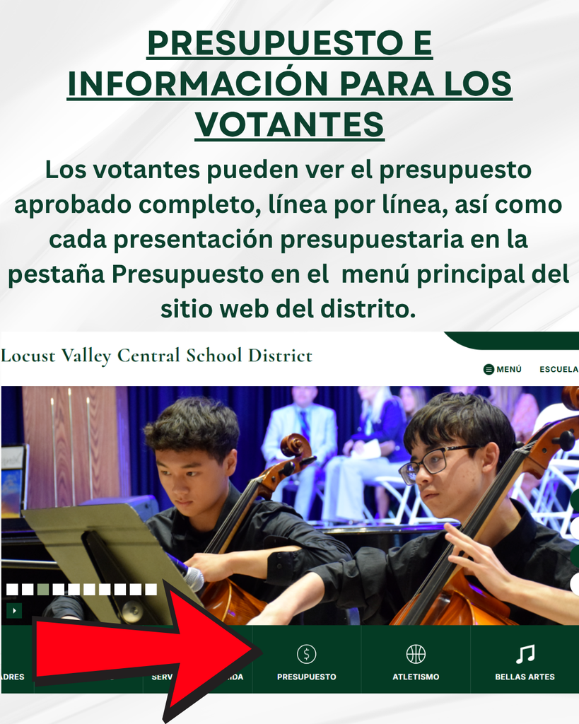 PRESUPUESTO E INFORMACIÓN PARA LOS VOTANTES Los votantes pueden ver el presupuesto aprobado completo, línea por línea, así como cada presentación presupuestaria en la pestaña Presupuesto en el  menú principal del sitio web del distrito.