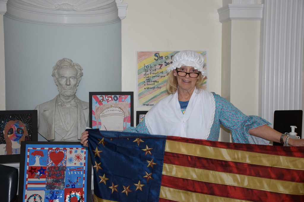 LVI Principal Kathleen Reilly dressed up as Betsy Ross for the America 250 kickoff.