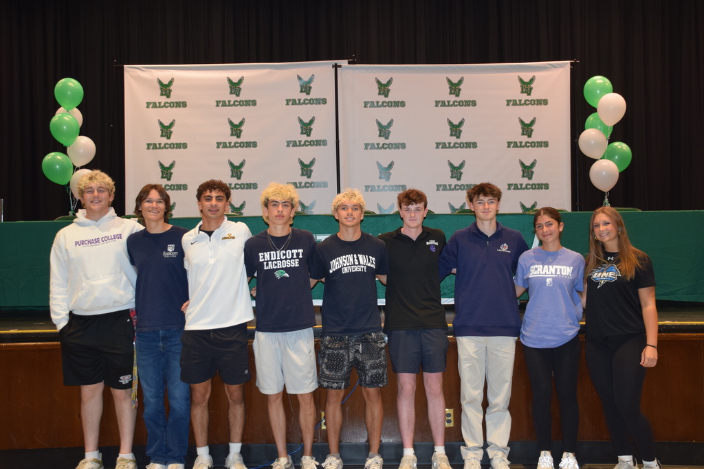 Locust Valley High School seniors Dean Wolfe, Jake Lamb, Stefano Linardos, Byron Hafner, Gavin Boyd, Ryan Sullivan, William Summers, Alyssa Ciminiello and Emma Tonner signed letters of intent to play collegiate sports on May 28, 2026.