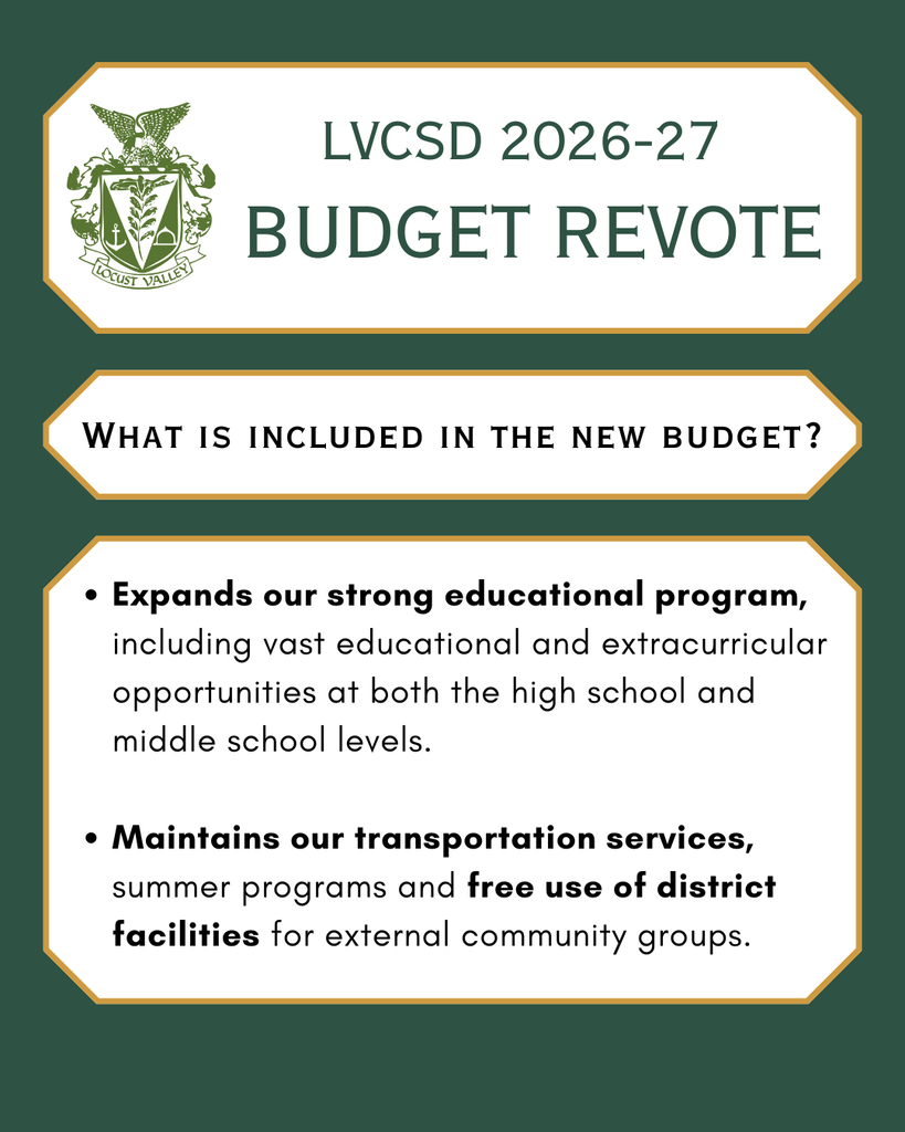 LVCSD 2026-27 Budget Revote. What is included in the new budget? Expands our strong educational program, including vast educational and extracurricular opportunities at both the high school and middle school levels. Maintains our transportation services, summer programs and free use of district facilities for external community groups.