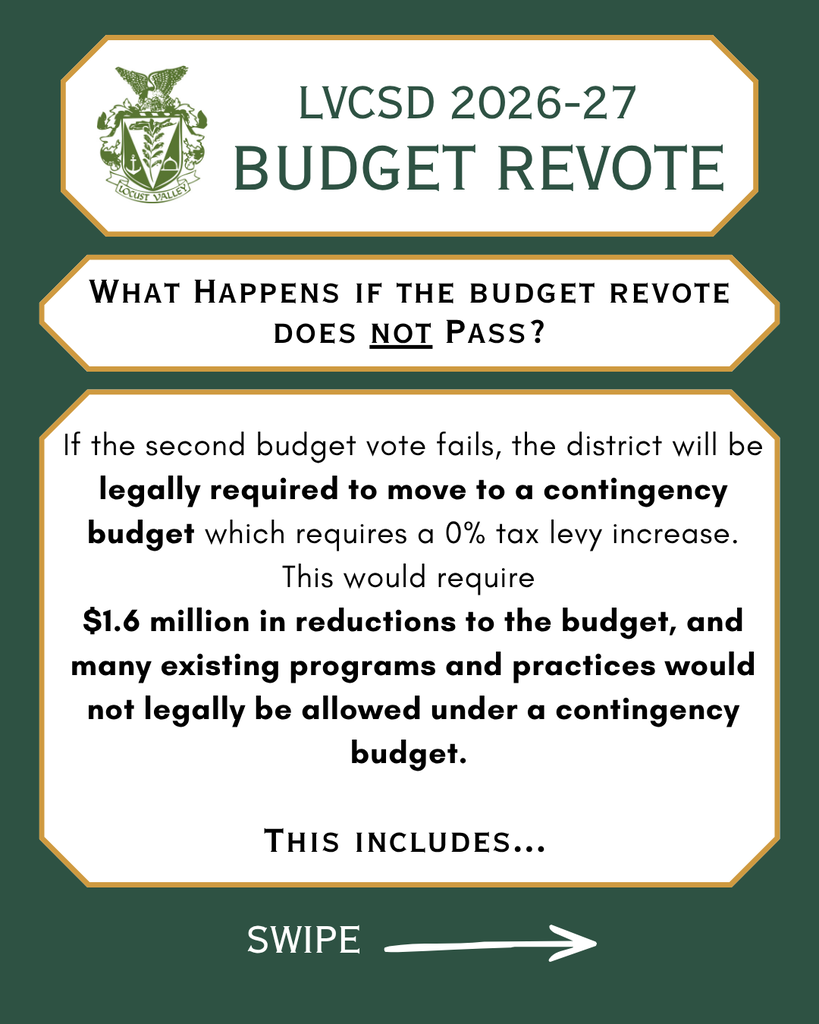 LVCSD 2026-27 Budget Revote. What Happens if the budget revote does not Pass? If the second budget vote fails, the district will be legally required to move to a contingency budget which requires a 0% tax levy increase. This would require $1.6 million in reductions to the budget, and many existing programs and practices would not legally be allowed under a contingency budget. This includes...Swipe