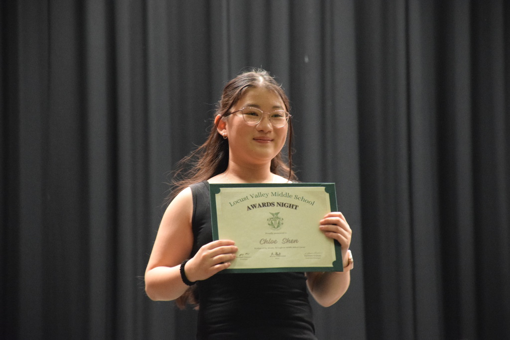 LVMS student Chloe Shen presents her award on Awards Night.