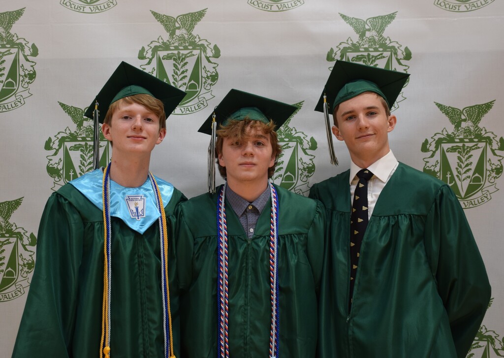 Seniors Wyatt Thorgramson, Benjamin Cote and Gregor Blaise assembled with their classmates in the gymnasium before the commencement ceremony.