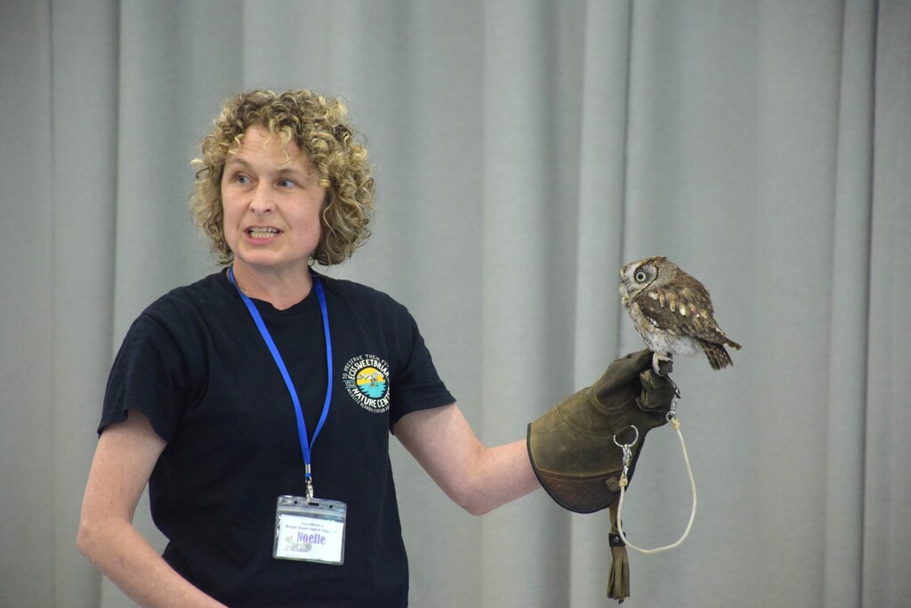 A member of the Sweetbriar Nature Center introduces campers to an owl.
