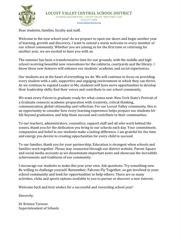Welcome Back Message from Dr. Kristen Turnow English