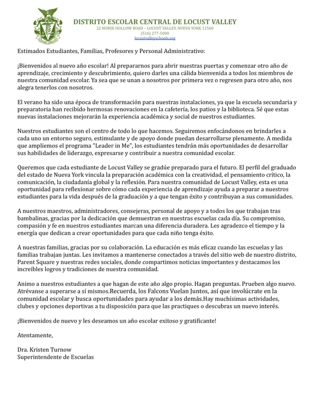 Welcome Back Message from Dr. Kristen Turnow Spanish