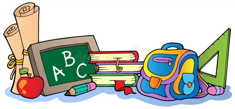 A colorful cartoon illustration of various school supplies, including a backpack, books, and chalkboard.
