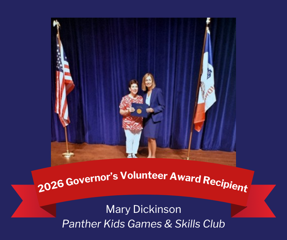 Panther Kids Games & Skills Club Award Recipient Mary Dickinson  won the Governor's Volunteer Award