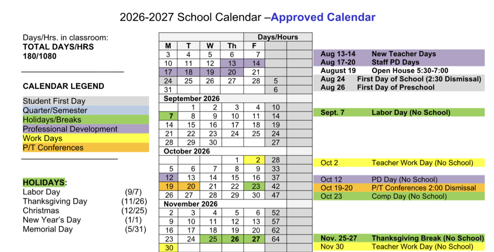 Screenshot of school calendar