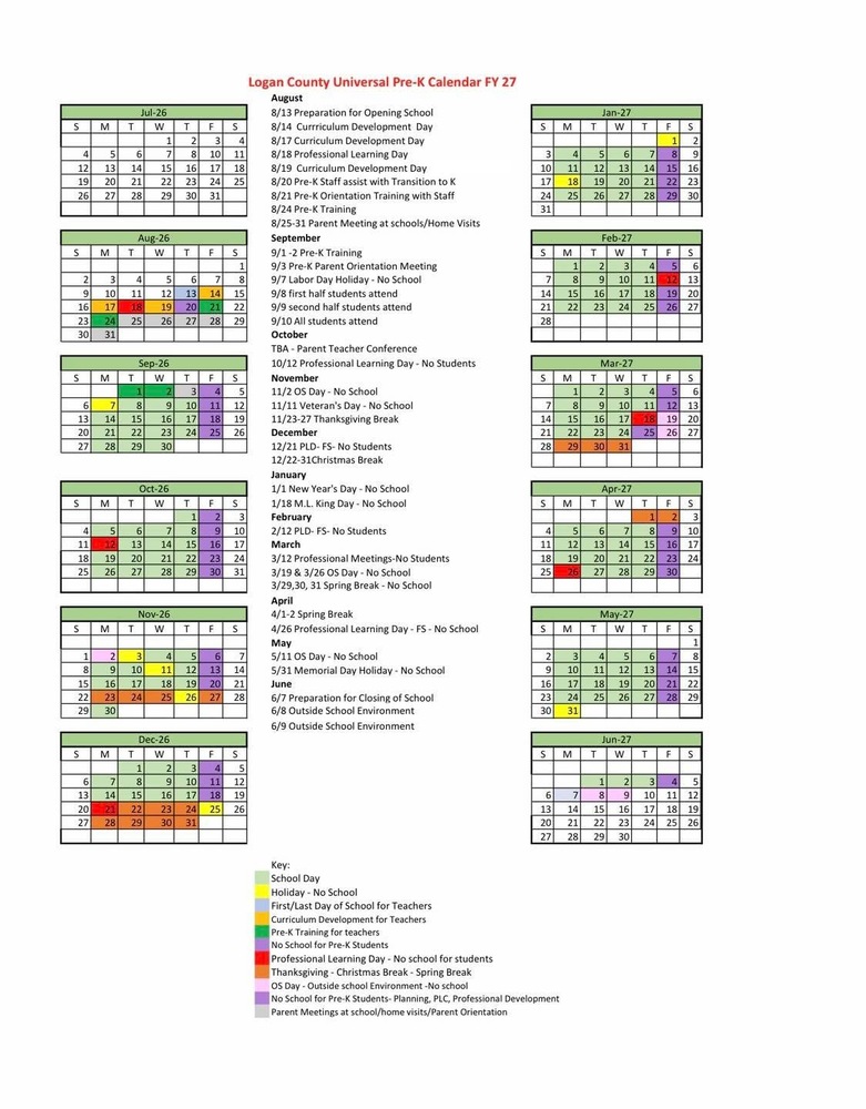 Pre-K Calendar Dates