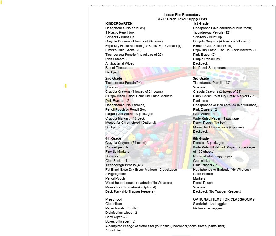 Elementary School Supply List