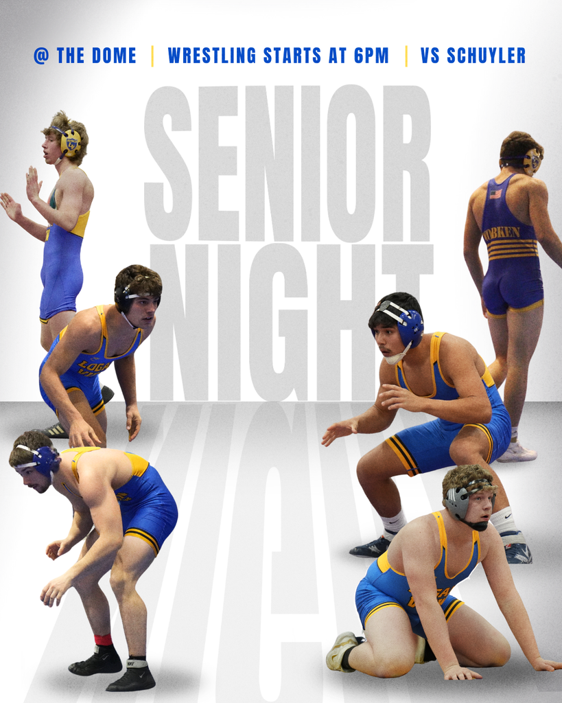 Graphic showing multiple wrestlers to advertise the wrestling meet January 15th at the Logan View Dome against Schuyler. Wrestling starts at 6 pm.