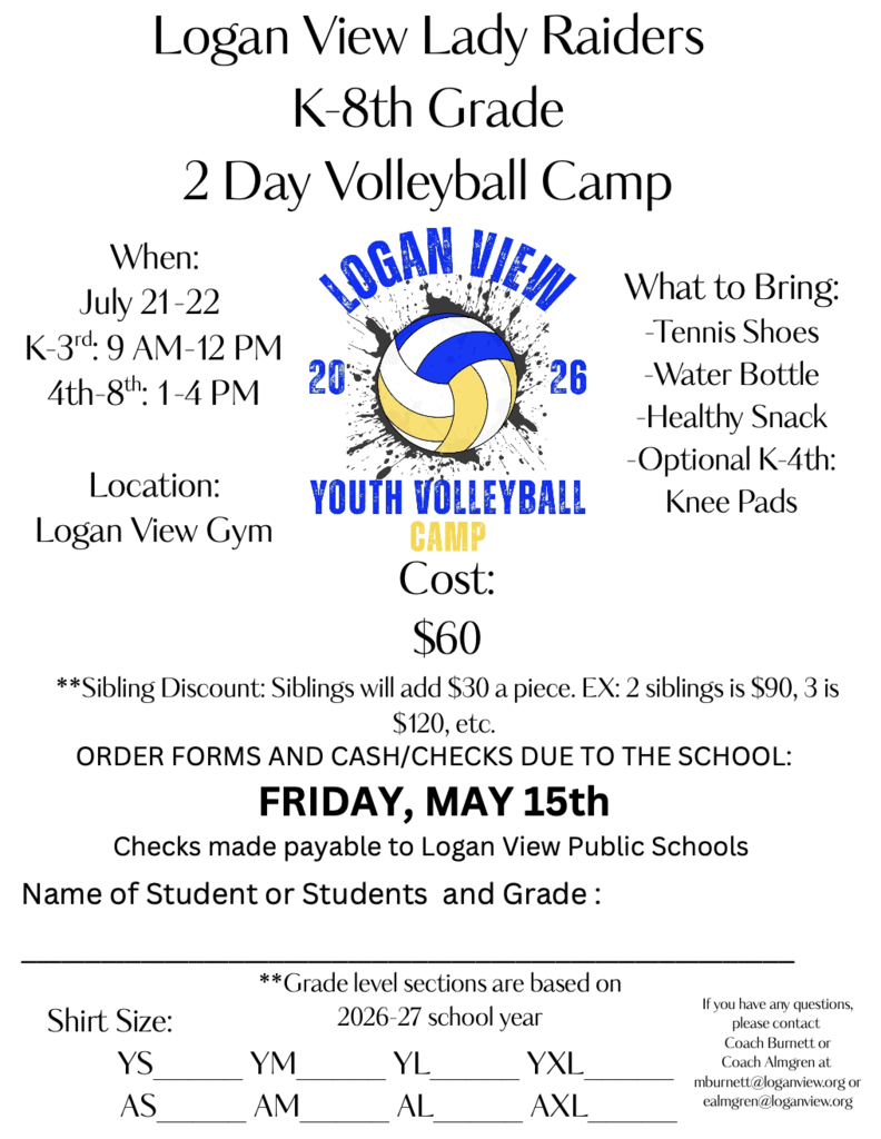 Flyer for LV Lady Raider K-8th 2 Day Volleyball Camp this Summer, July 21st - 22nd.