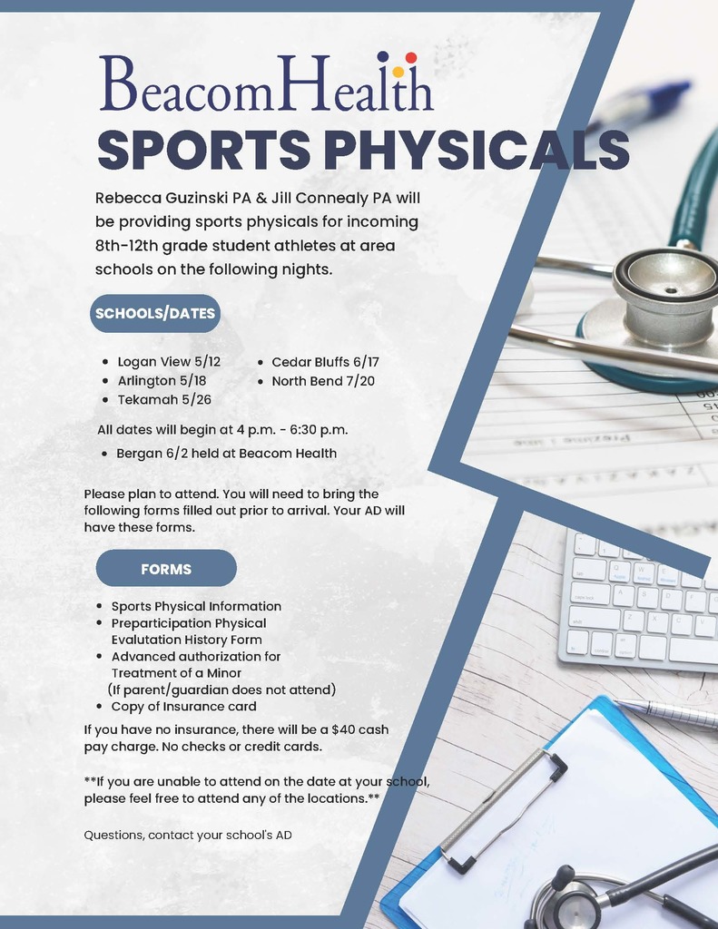 Beacom Health is offering Sports physicals at Logan View on 5/12.  Forms Required.  4-6pm