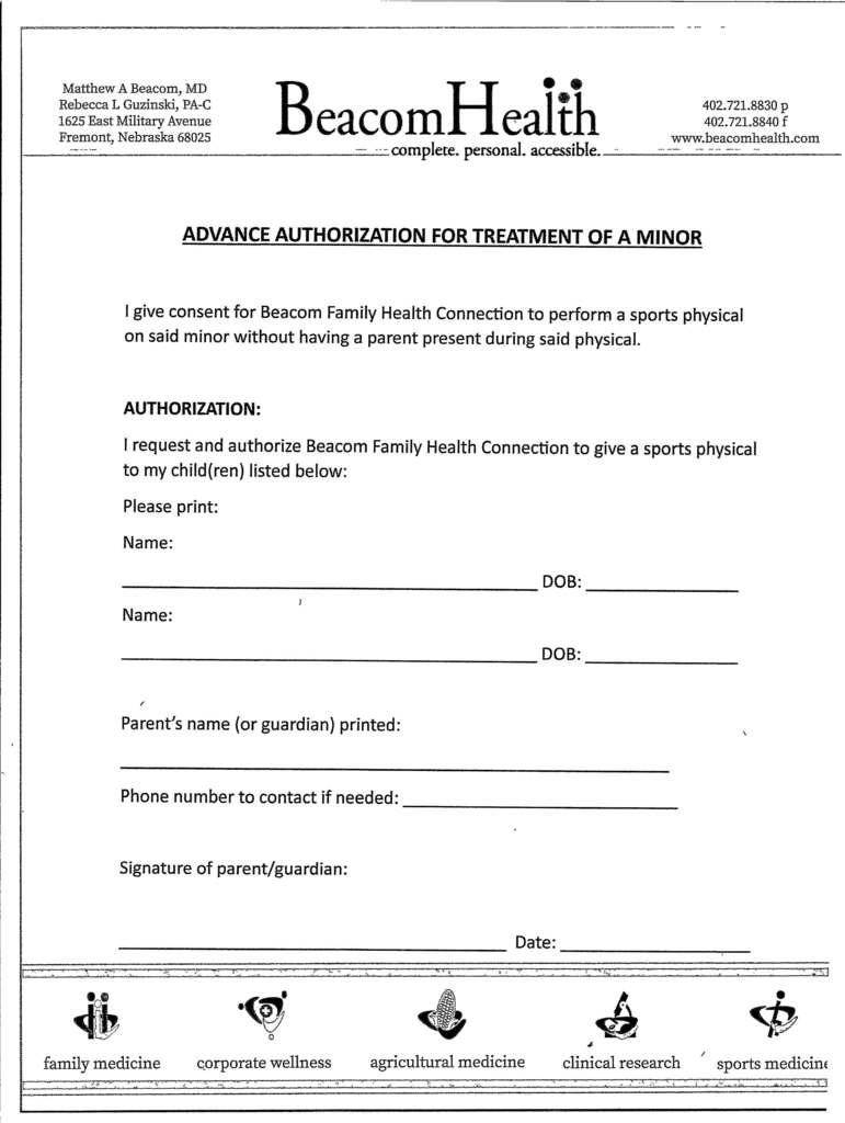 Authorization form to be treated by Beacom Health.