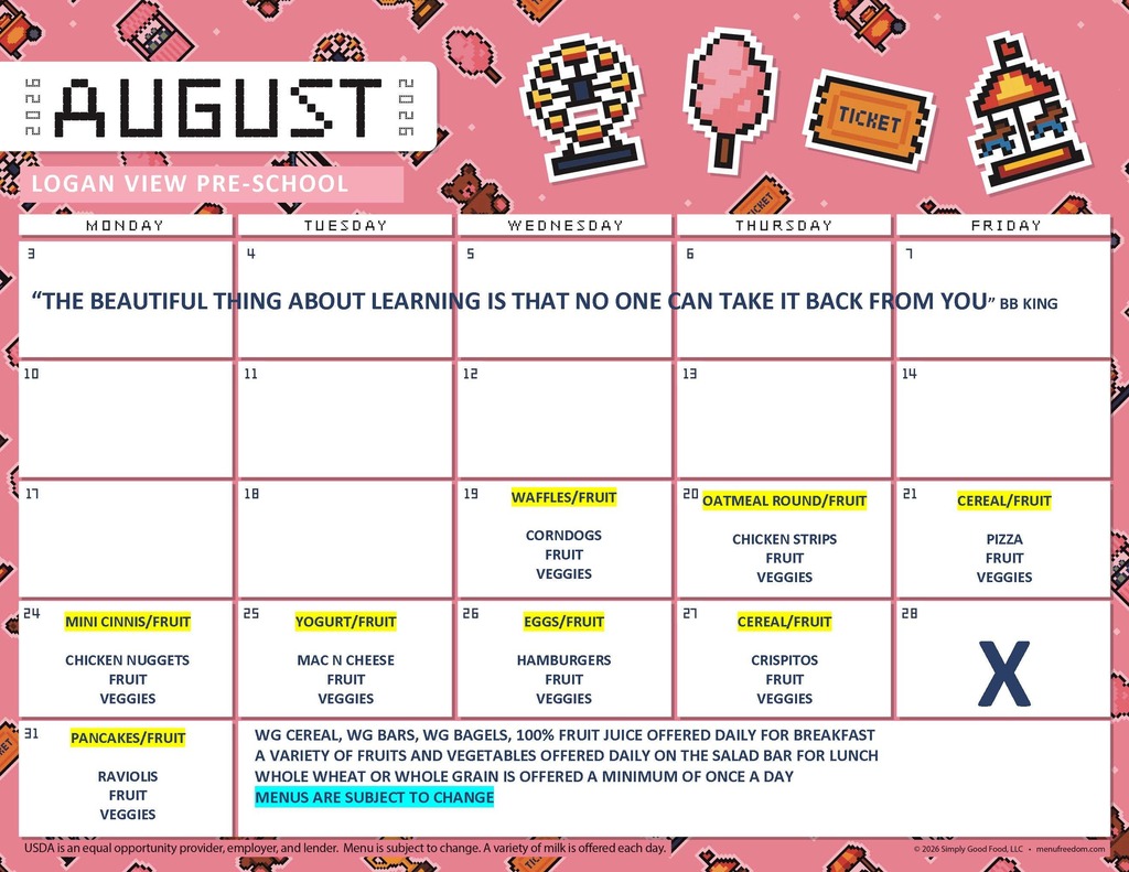 August pre school menu