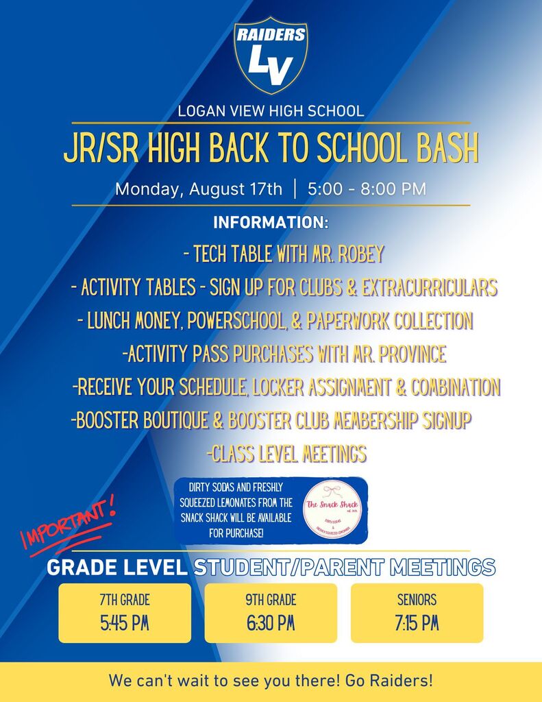 Jr/Sr High Back to School Bash on Monday August 17th.