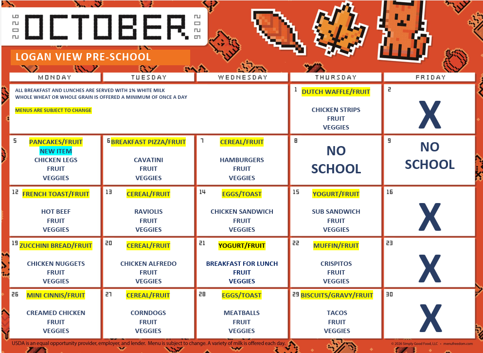 October Pre-K menu