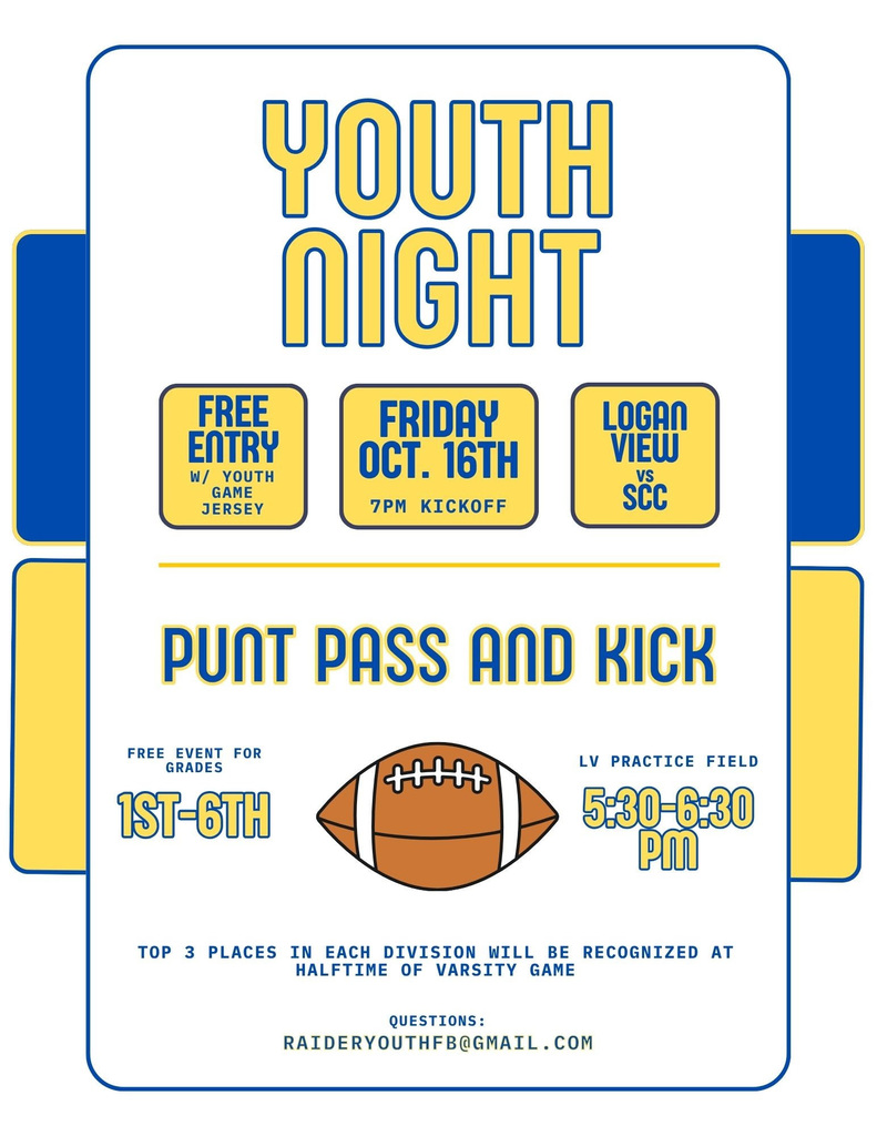 Punt Pass and Kick night is 10/16 for 1st-6th Graders