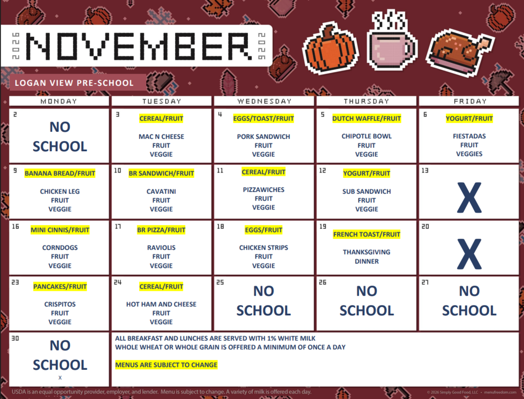 November menu for Preschool