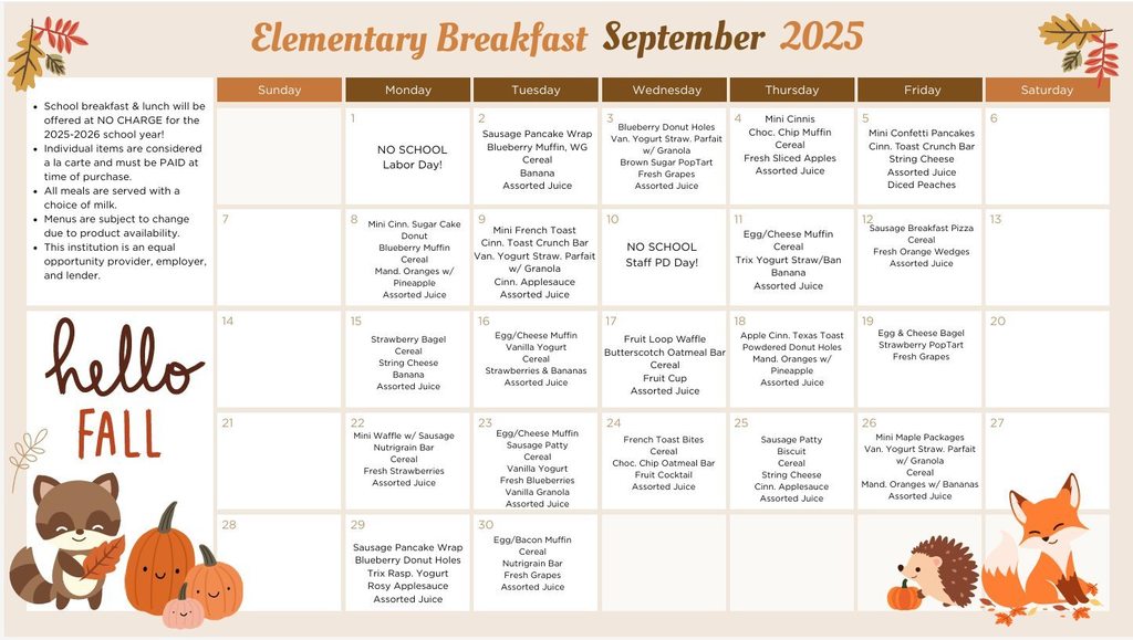 Elementary Breakfast September 2025