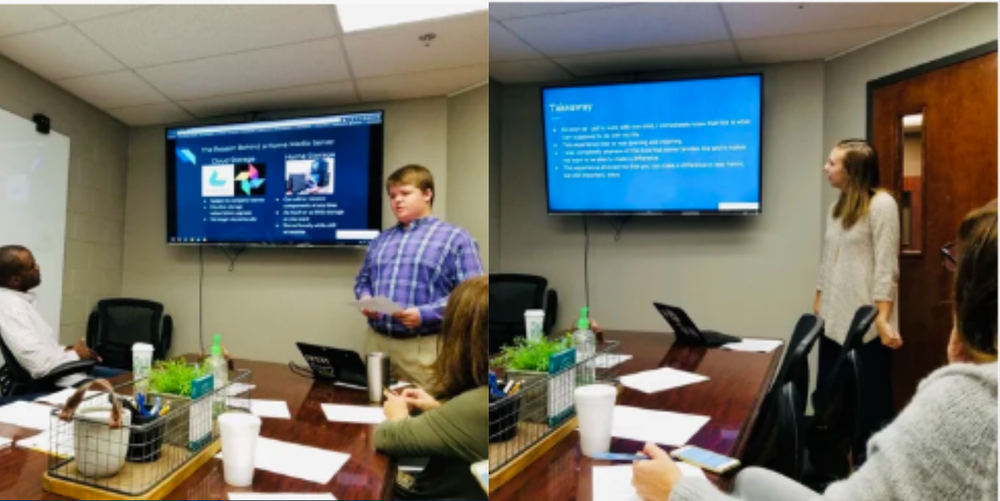 On the left, a male, brown haired student presents his senior project. On the right, a brown haired female student presents her senior project. Both took place in a conference room setting.