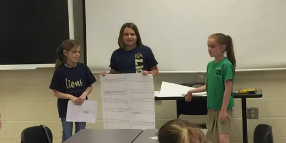A group of elementary students stand in front of a classroom with poster board and papers in hand while making a presentation. 