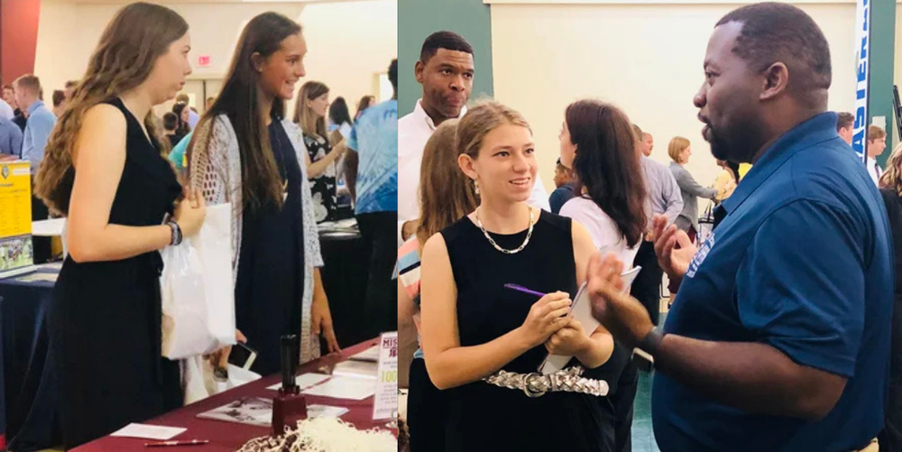 High School Students talk with recruiters at a college and career fair.