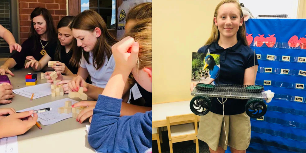Students gather around a table while working on a school project.
