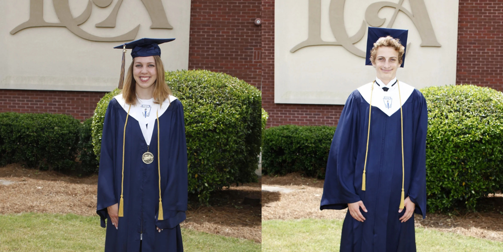 A female student and a male student pose for photos while wearing dark blue high school graduation cap and gown 