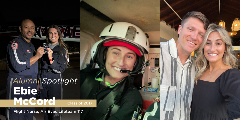 Ebie Bruno McCord poses with her boss as a flight nurse outside at night on one of her first days as a flight nurse.