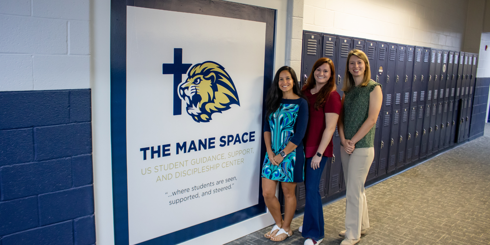 (From left) Monica Landress, Heather Upchurch, and Maranda Joynes stand outside The Mane Space of LCA's Upper School Building. It is a space “where students are seen, supported, and steered.”