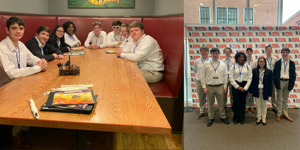 A group of students poses for two photos while dressed up and attending a conference. 