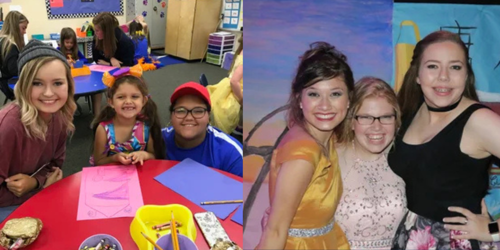 Five high school aged students and one lower school aged student smile, posing for photos. 