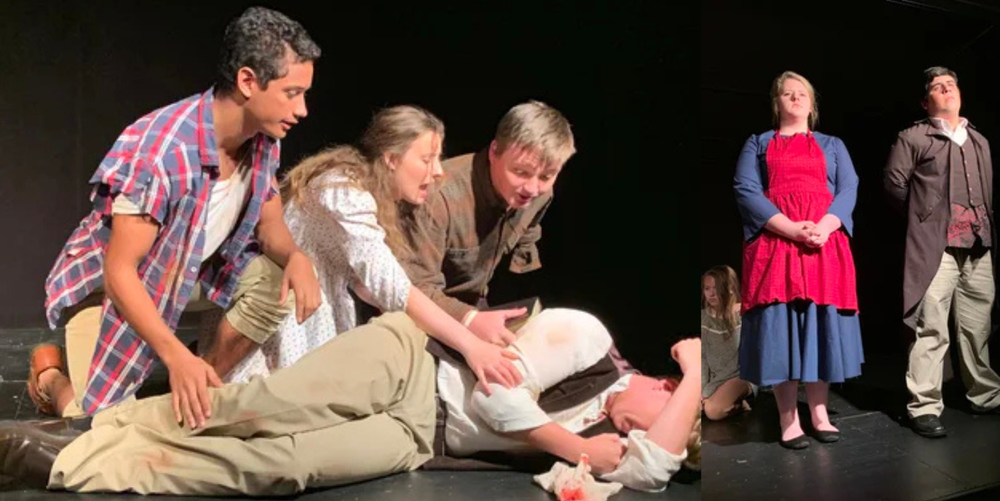 A group of students perform during a play in the theater.