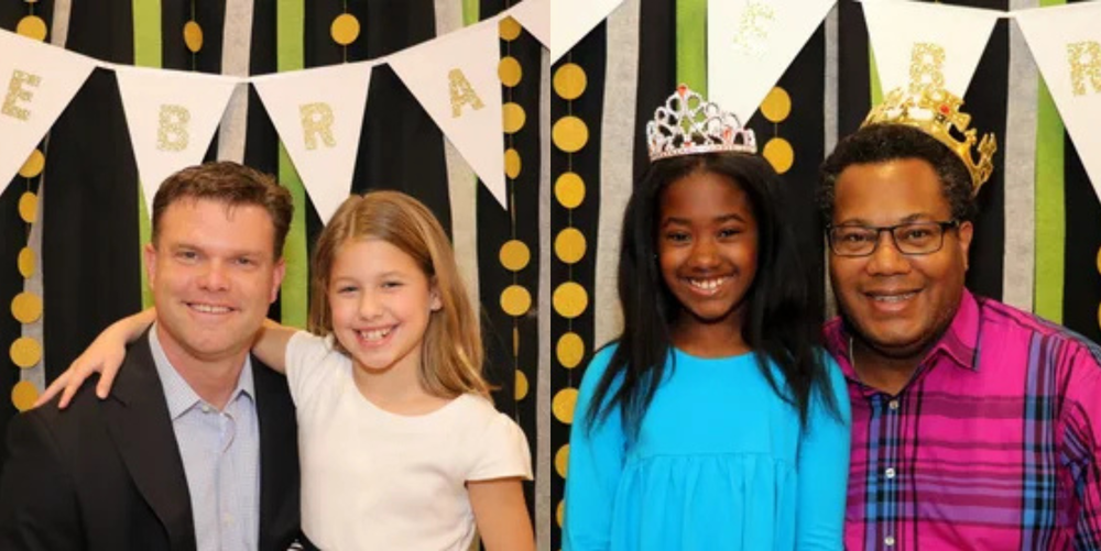 Two dads pose for photos alongside their daughters with all four of them smiling. 