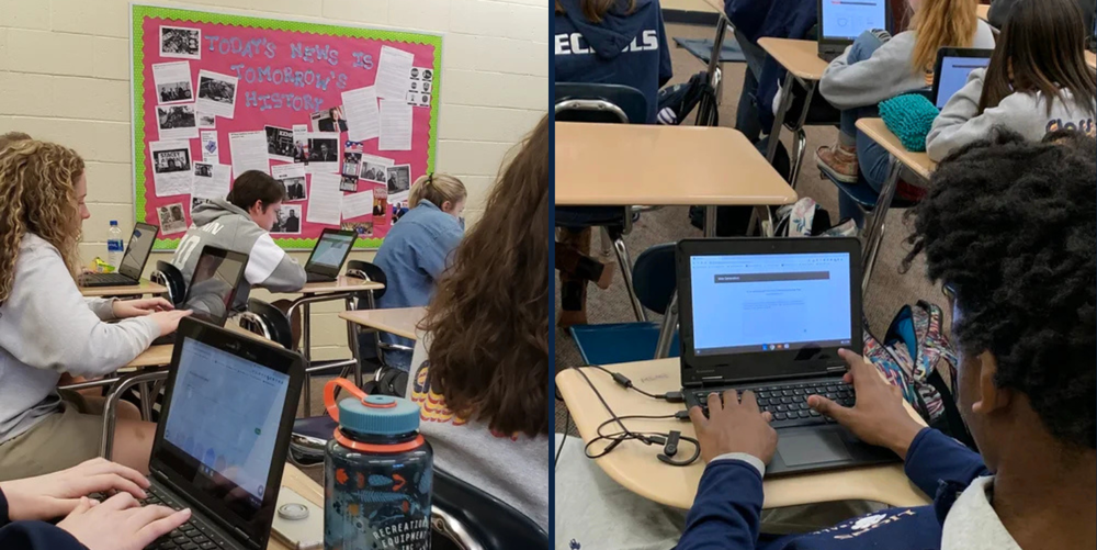 Students sitting a classroom are on their laptops while taking a test. 