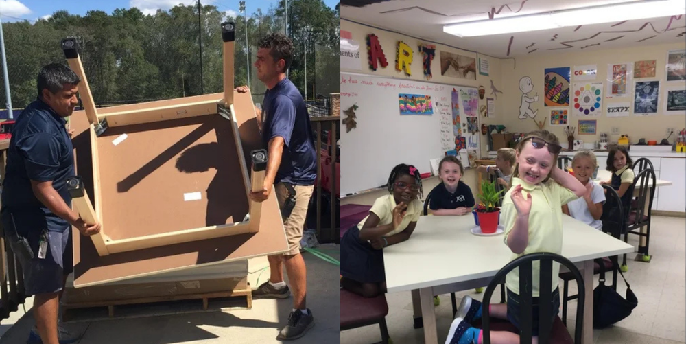 A group of students smile while sitting at the new art table just donated to the school.