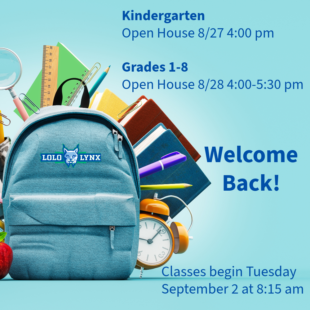 Graphic depicting an overstuffed backpack. Dates and times for open house.