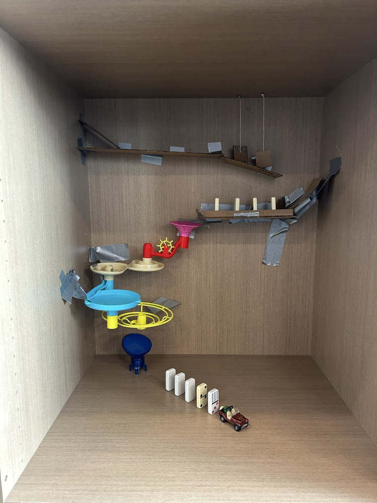 A Rube Goldberg machine ready to go.