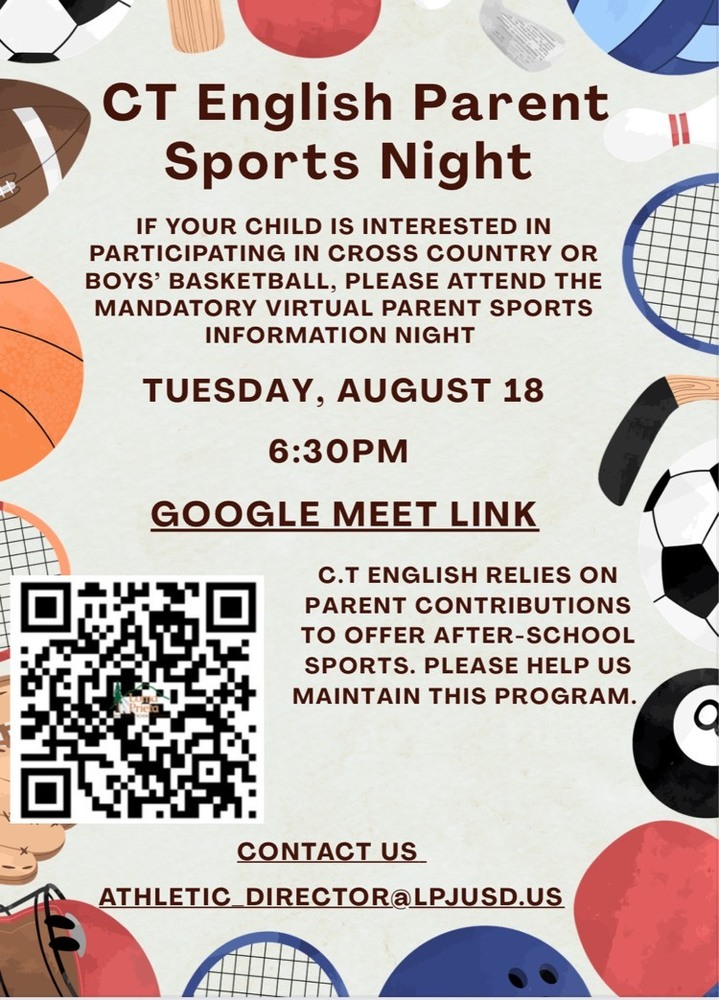 CT English Sports Night. Tuesday, August 18 at 6:30pm