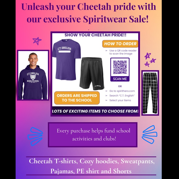 orange and purple graphic showing how to order spirit wear for the middle school 