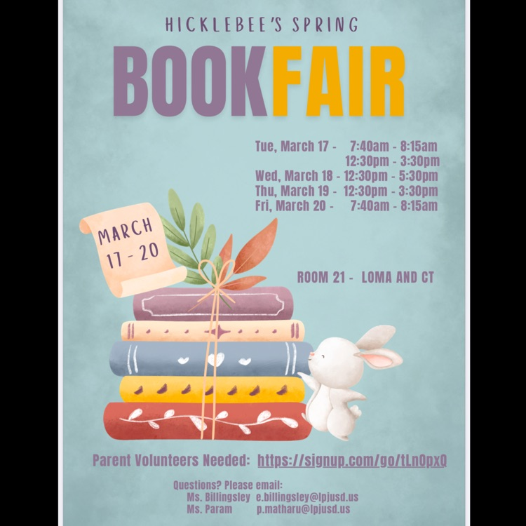 pale blue poster advertising the book fair on campus next week. image shows stack of books with a white bunny. 