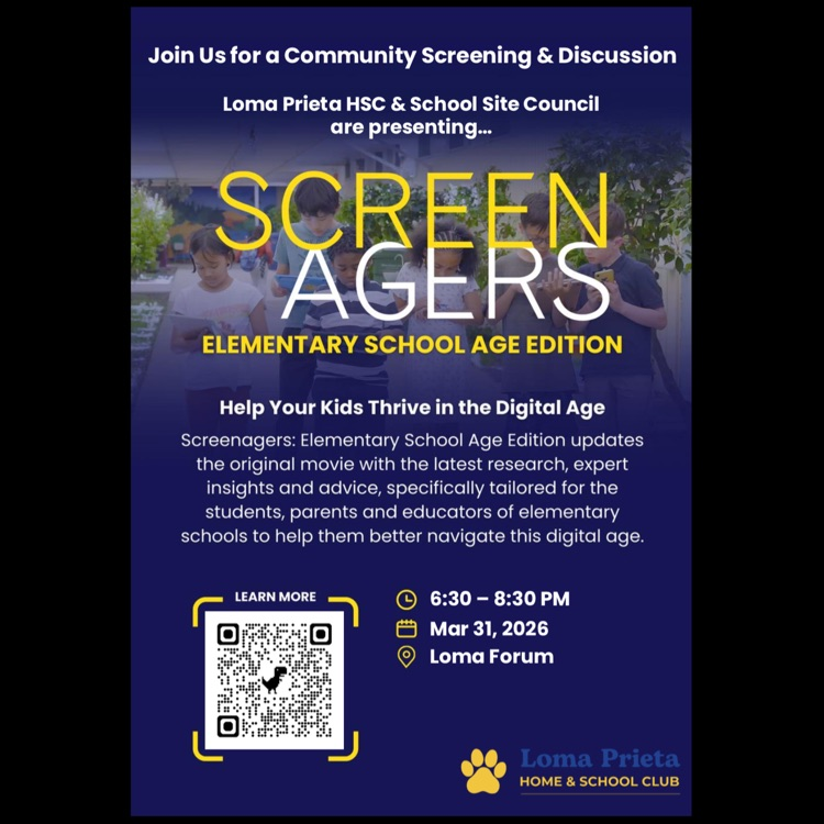 blue poster with lots of white text, advertising the showing of Screenagers at the elementary school 