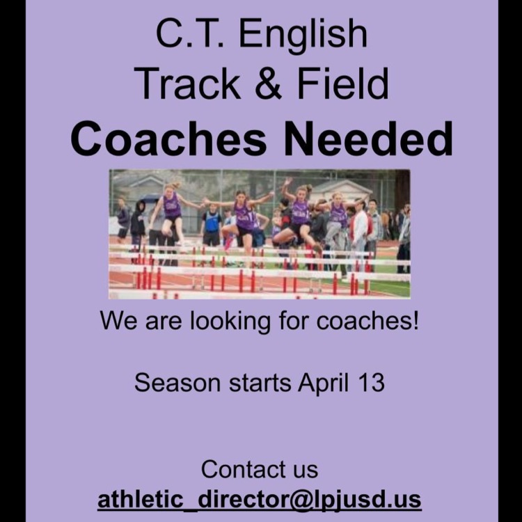 purple background with text stating that the school is looking for track and field coaches. image in the centre shows previous track and field athletes  