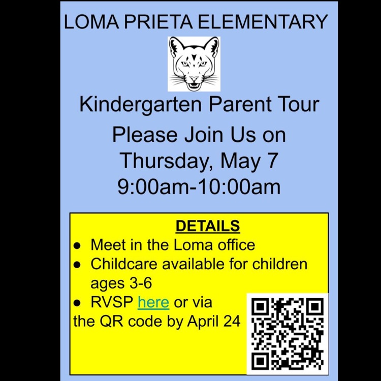 flyer to advertise kindergarten parent tour on May 7 at 9am. blue background, yellow text box, and image of a cougar at the top  