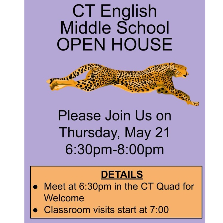 purple flyer with cheetah image, advertising open house at our middle school 