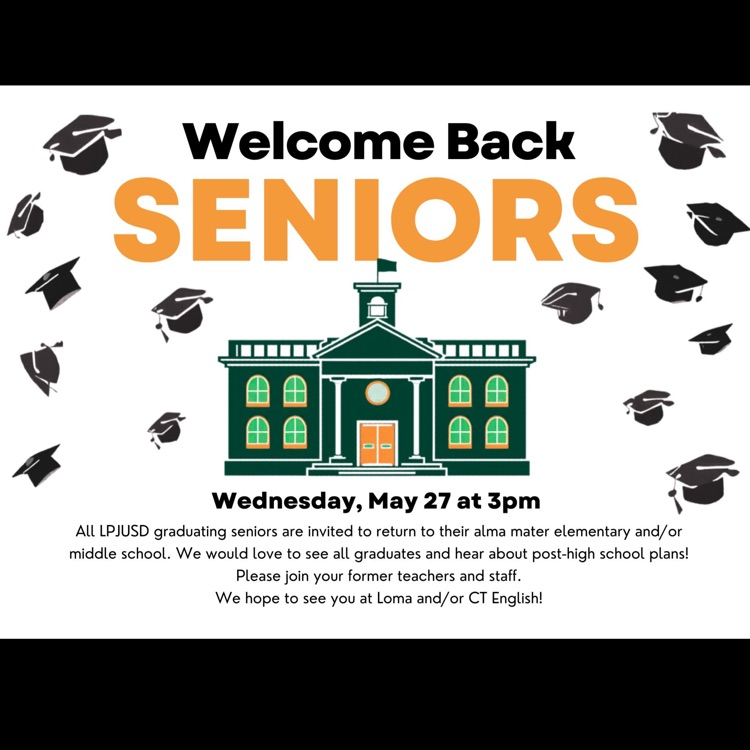 flyer advertising senior day, with school building and grad caps as decoration 